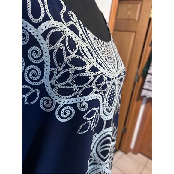 JM Collection Women’s Size XL Navy Blue Printed Design Round Neck Short Sleeve B - Picture 5 of 11